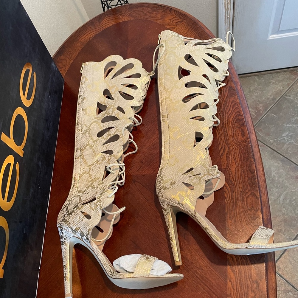 Bebe Jocelyn Cut-Out Lace-Up Boots Natural